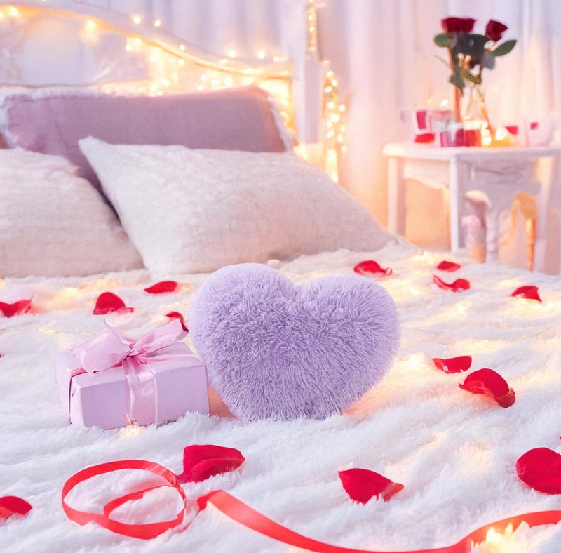 MOOWOO Fluffy Heart Pillow, Faux Fur Throw Pillow,Sherpa Plush Fluffy, Cute Soft Throw Cushion, Christmas Day,Valentines Day Decor for Home Bed Couch (Purple) - Image 2